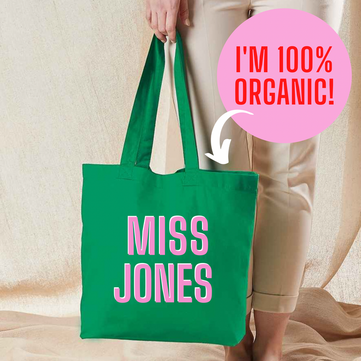 Personalised Green and Pink Organic Tote Bag